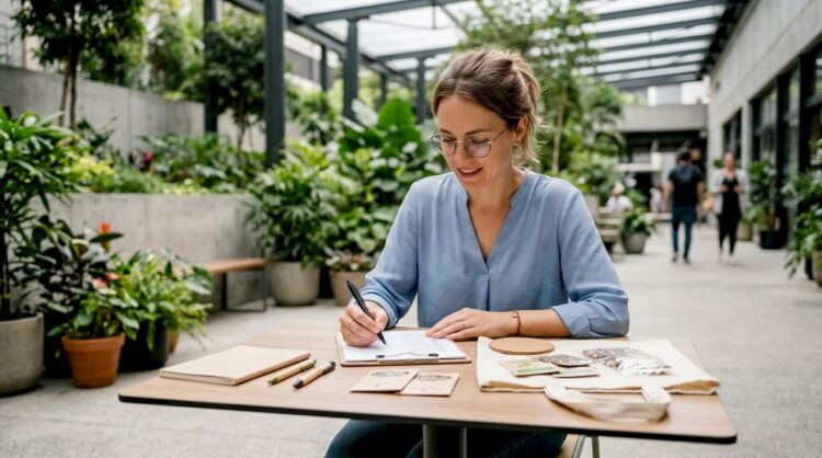 Manager reviewing sustainable merchandise samples at desk
