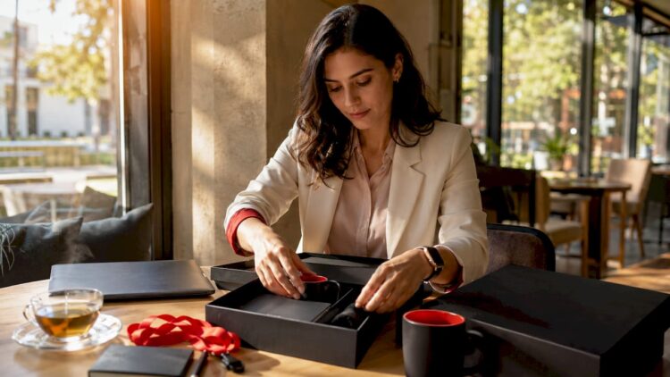HR professional assembling branded merchandise onboarding kits