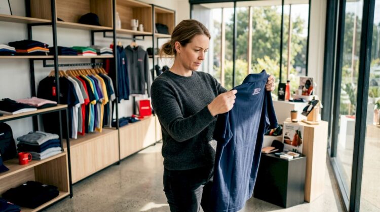 Business owner examining custom branded polo shirt