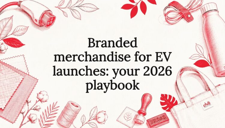 Decorative illustrated title card with EV merchandise theme