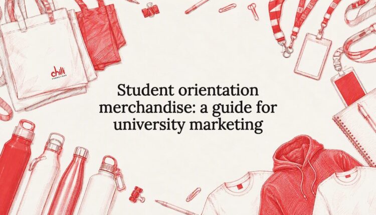 Decorative blog post title card with university merchandise illustrations