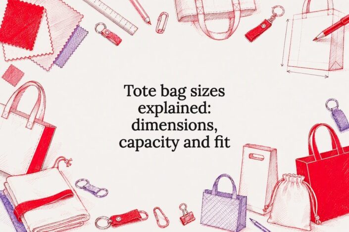 Decorative title card illustration for tote bag sizes