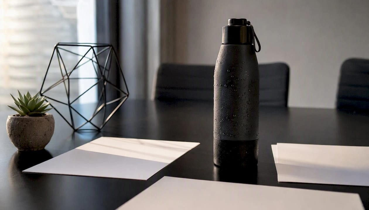 Branded insulated drink bottle on desk