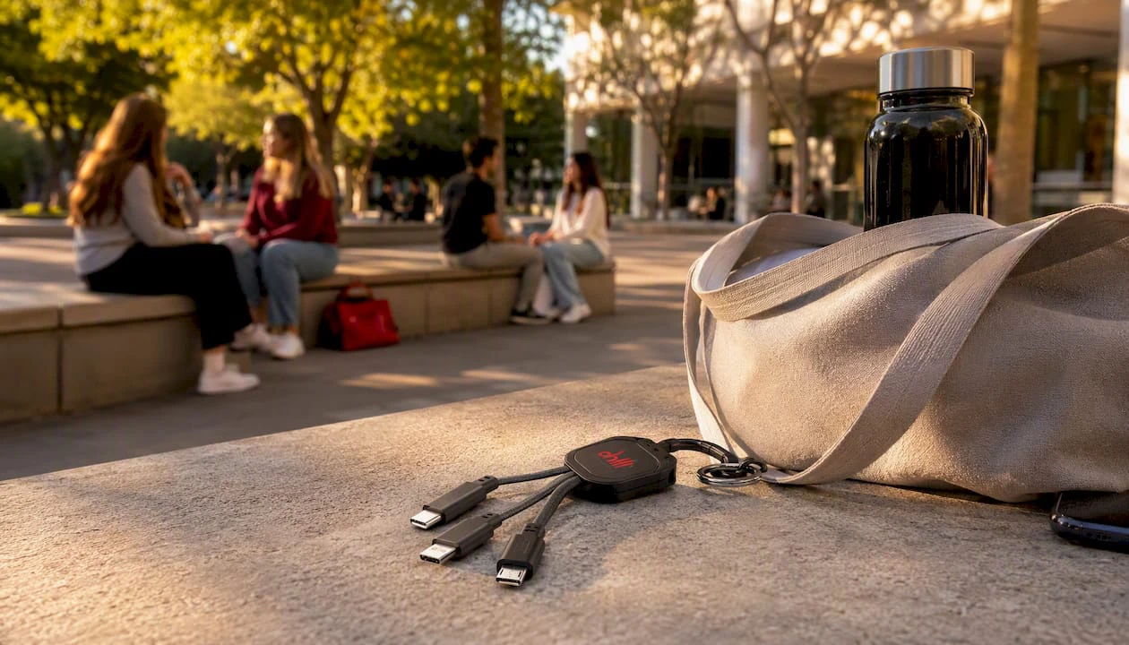 Branded multi-cable tech accessory with university merch