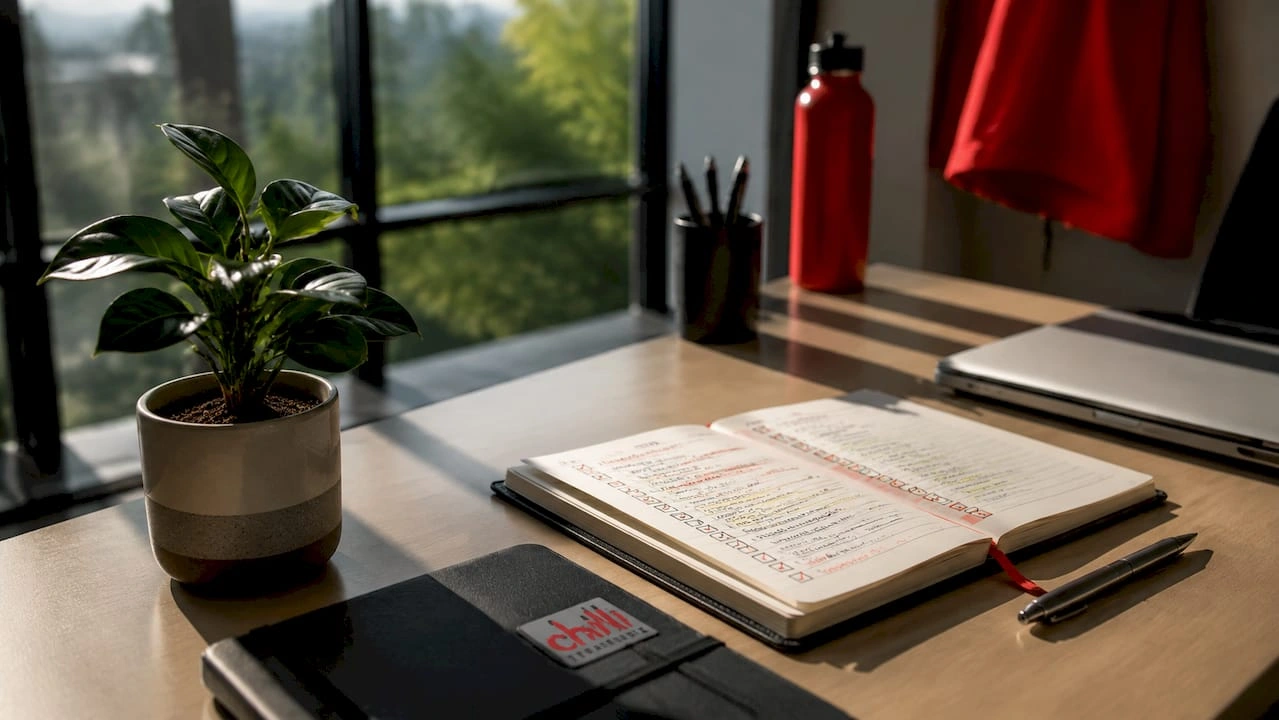 Desk with Promotional Products and checklists