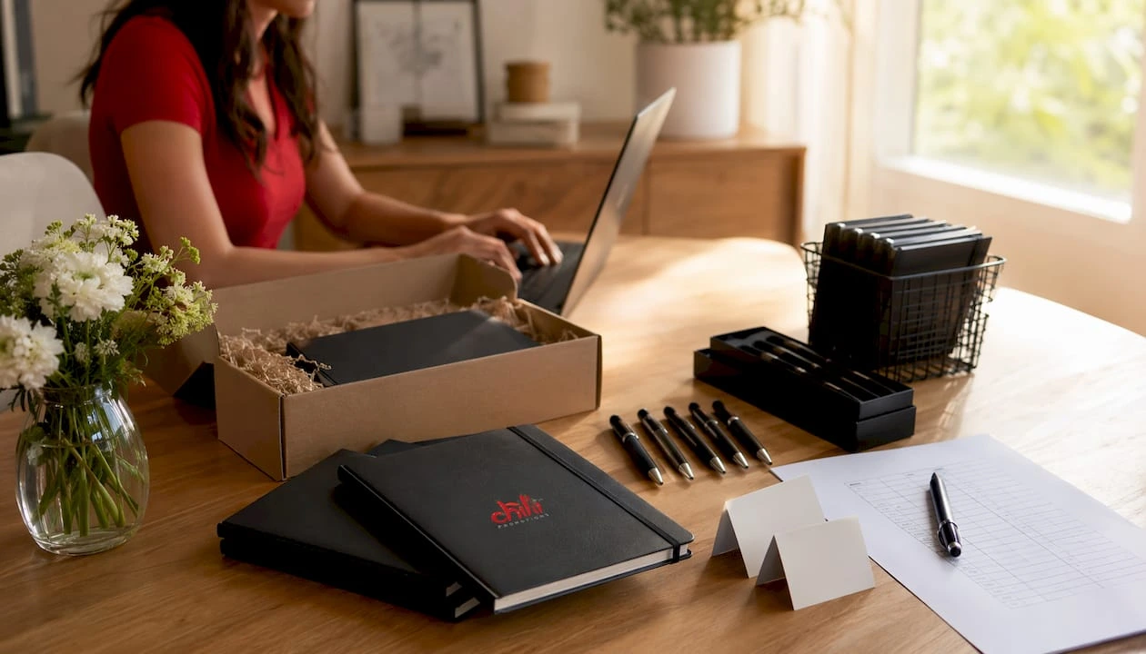 Workspace showing branded merchandise
