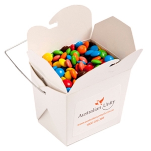 White Cardboard Noodle Box Filled with M&Ms 100G