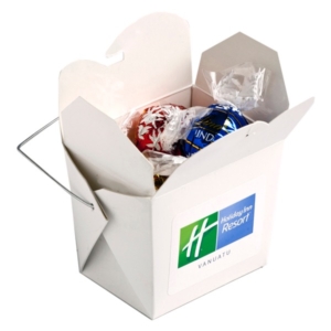 White Cardboard Noodle Box Filled with Lindor Balls X5