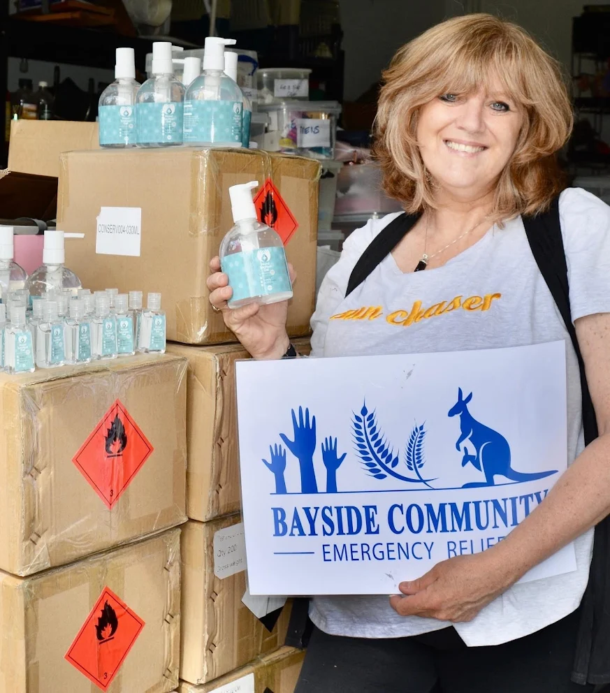 Chilli Promotions and Conserv Group donating hand sanitiser to Bayside Community Emergency Relief in Melbourne — local community support during COVID-era shortages