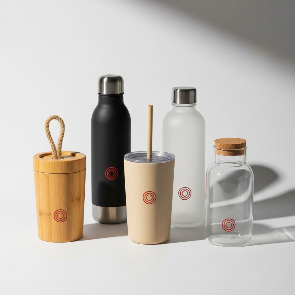 Eco-friendly promotional drink bottles Australia — bamboo cup, stainless steel bottle, rPET bottle, wheat straw tumbler and glass bottle custom branded