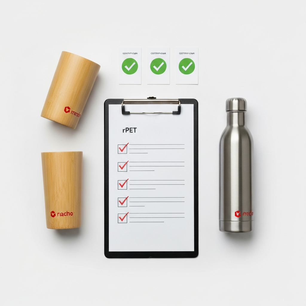 Eco-friendly promotional products checklist — branded drinkware with NoCO2 certification cards, Australia