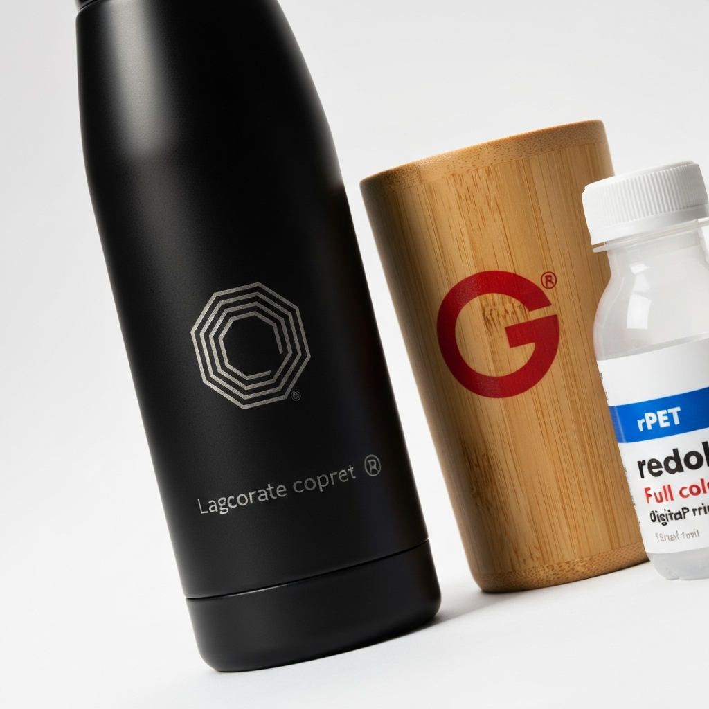 Company logo on drink bottle — laser engraving, screen printing and digital print branding methods for promotional drinkware