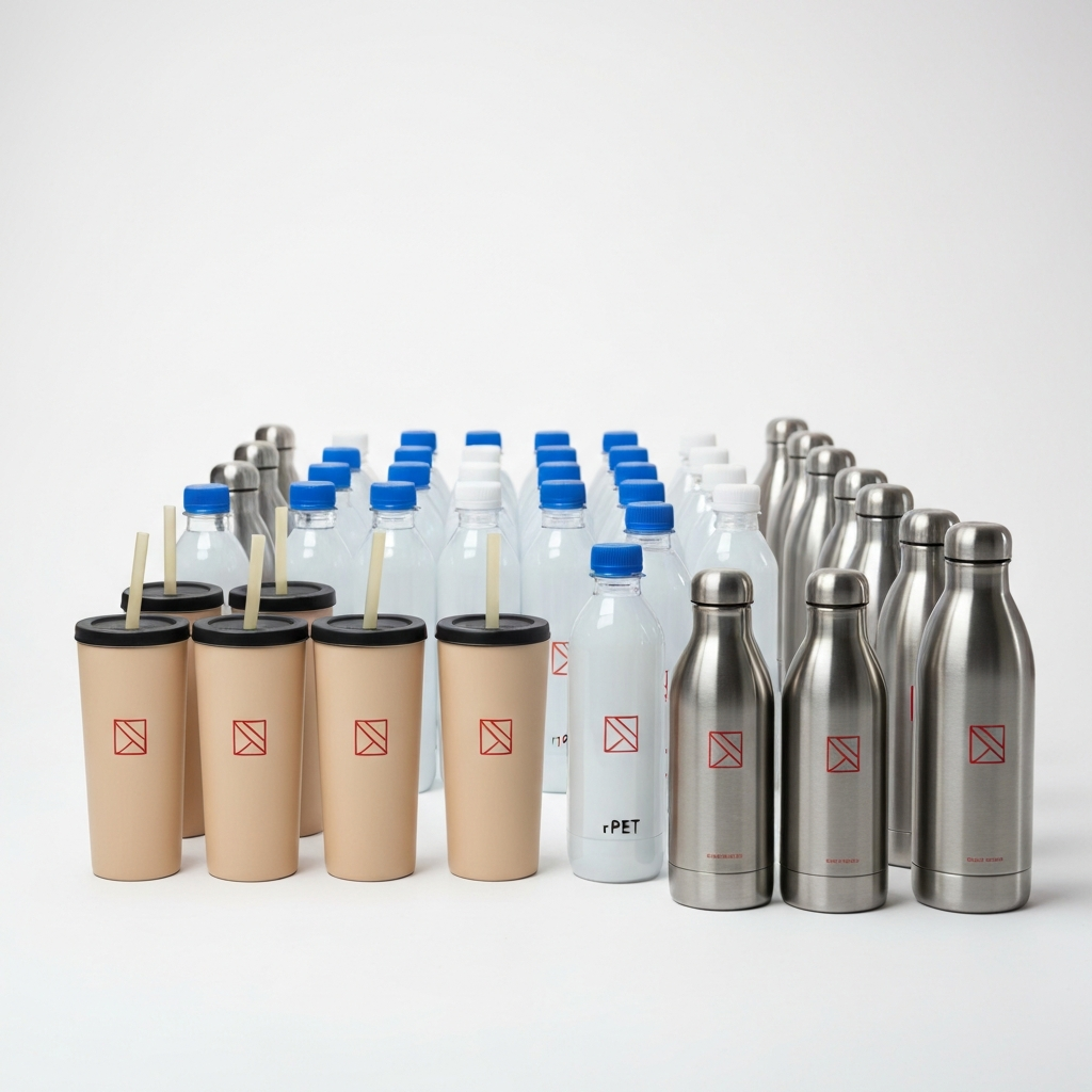 Minimum order quantity promotional products Australia — rows of branded eco drink bottles showing MOQ tiers