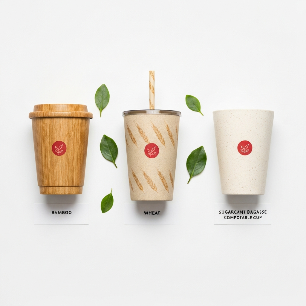 Bamboo promotional drinkware vs wheat straw vs sugarcane — three plant-based eco cups for Australian corporate gifting