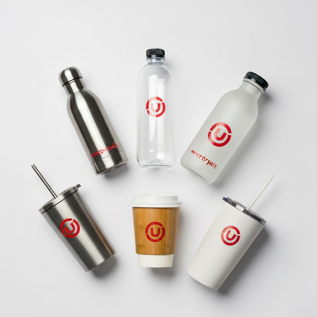 Custom branded water bottles Australia — five styles of promotional drinkware including stainless steel, bamboo and rPET