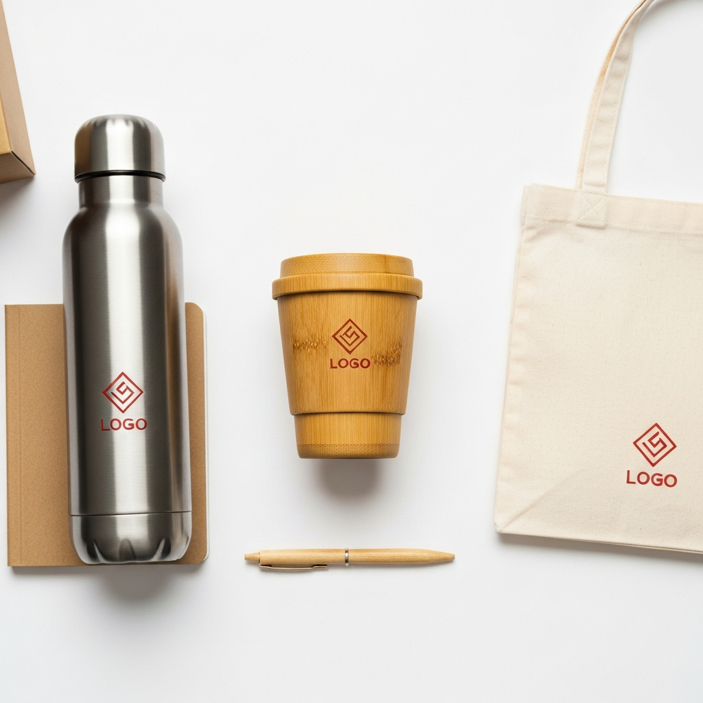 Eco-friendly corporate gift set — branded bamboo cup, stainless steel bottle, recycled notebook and tote bag, Australia 2026