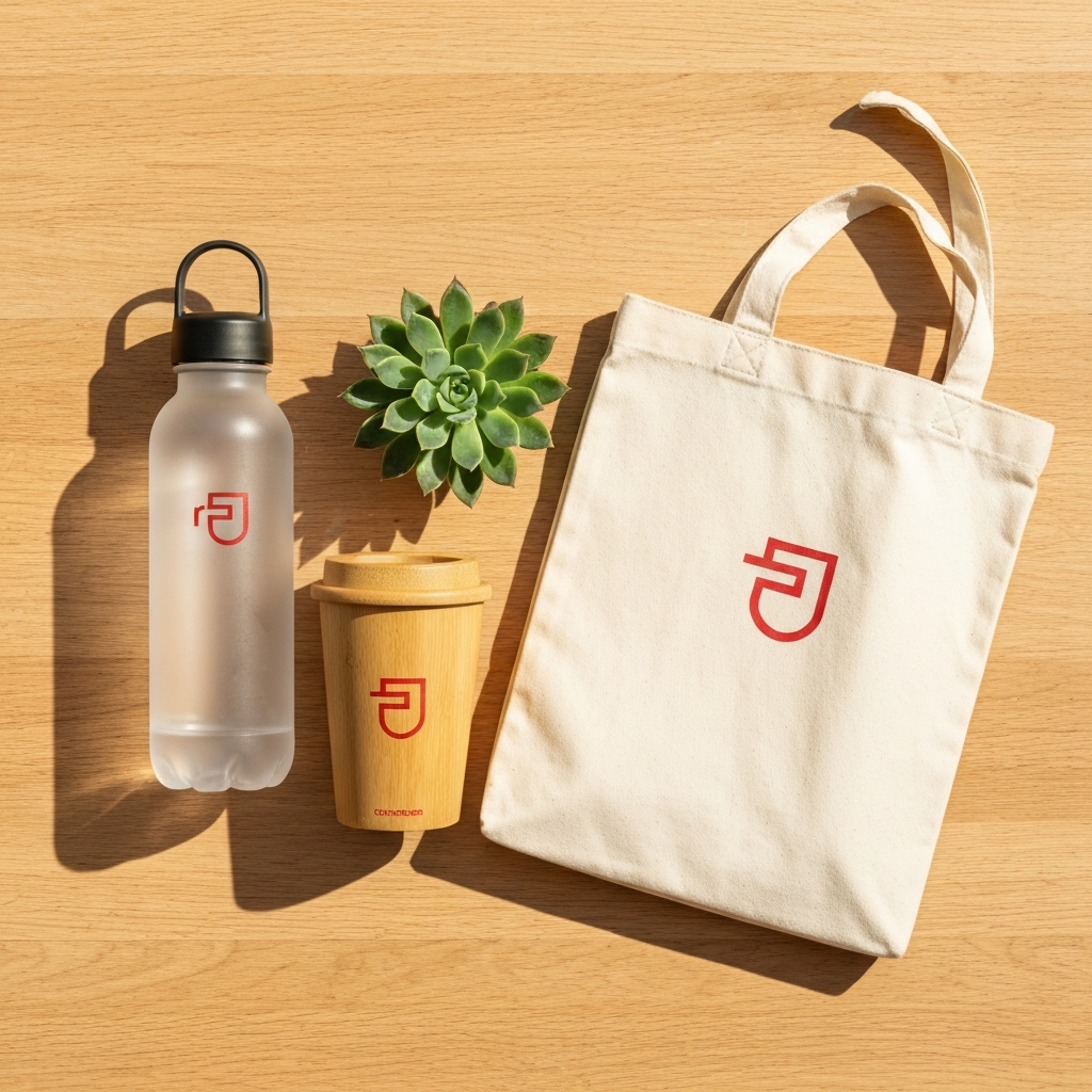 Sustainable promotional products Australia — eco-friendly branded merchandise including rPET bottle, bamboo cup and wheat straw tumbler
