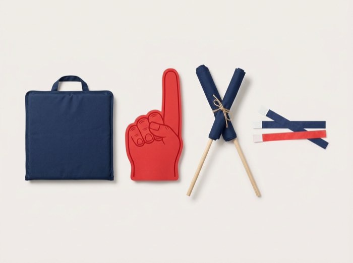 Crowd Branding & Event Merch: Seat cushions, foam hands, flags and wristbands