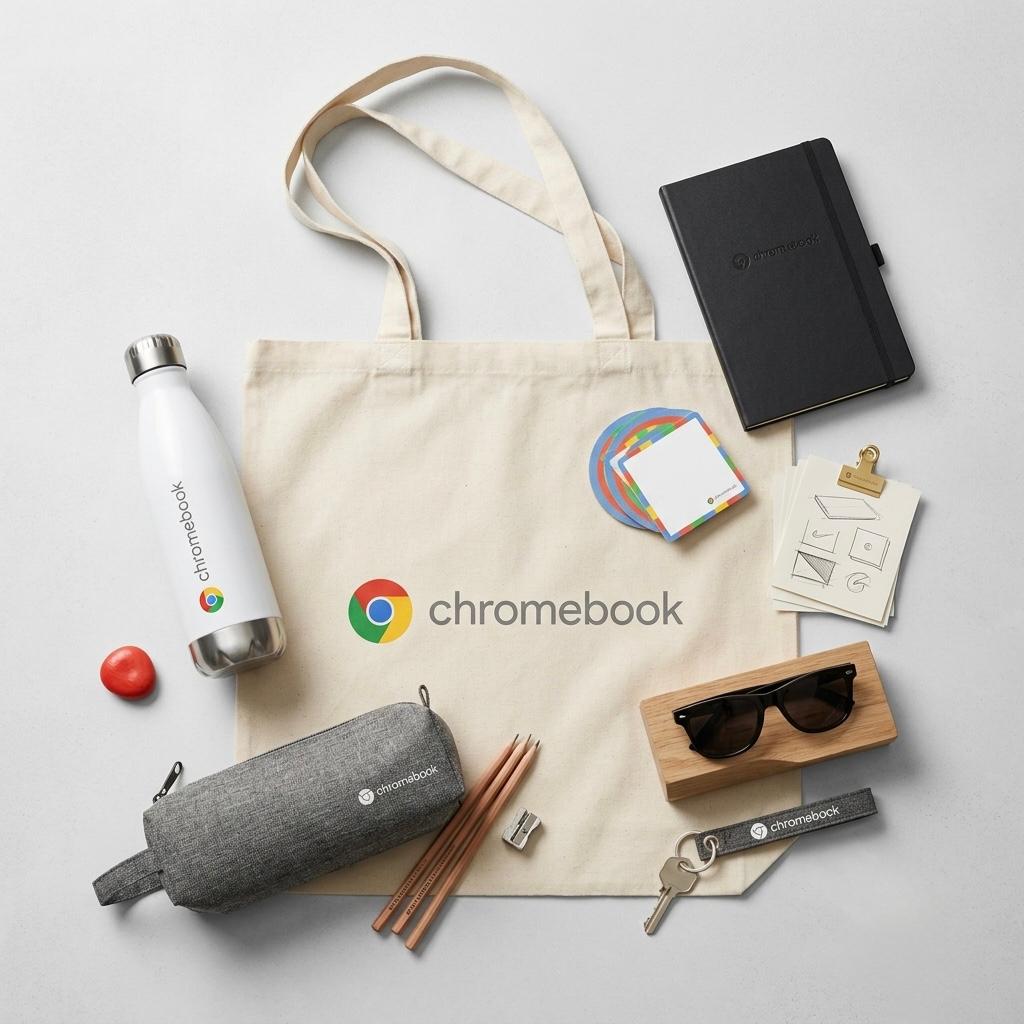 Google Chromebook branded welcome kit — tote bag, drink bottle, notebook, pencil case by Chilli Promotions