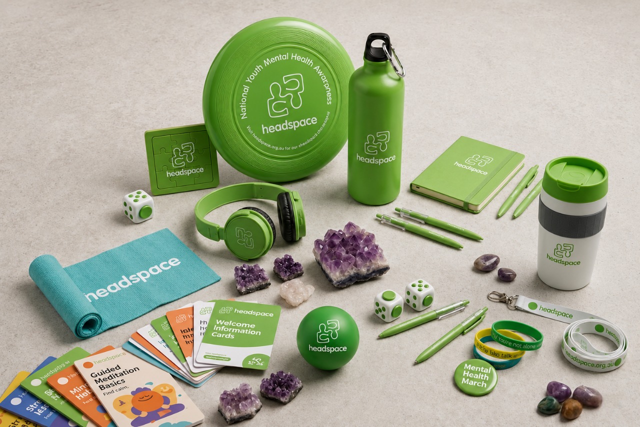 Headspace full branded merchandise range — green frisbee, drink bottle, headphones, journal, yoga mat, reusable cup and accessories by Chilli Promotions Sydney