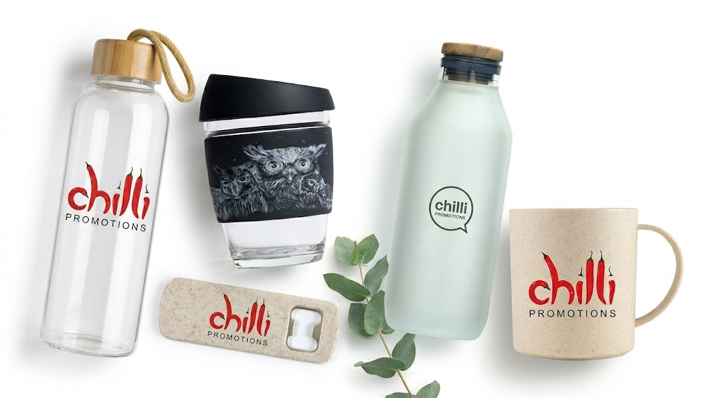 Branded eco promotional drinkware — glass bottle, reusable coffee cup, frosted bottle, wheat straw mug and bottle opener with Chilli Promotions logo — custom branded drinkware Australia