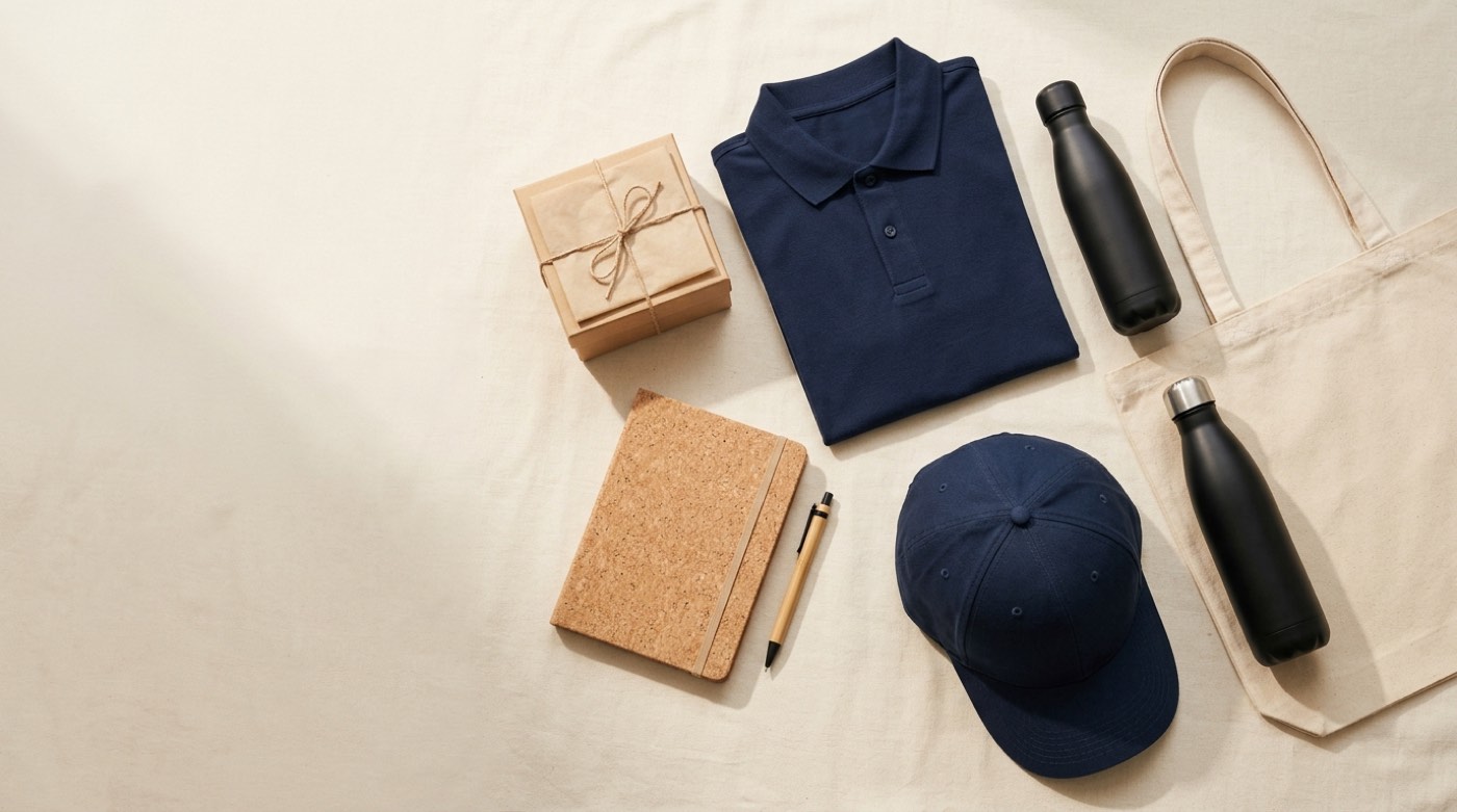 Branded merchandise flat-lay: navy polo, cotton tote bag, insulated drink bottle, cork notebook, bamboo pen, navy cap and kraft gift box