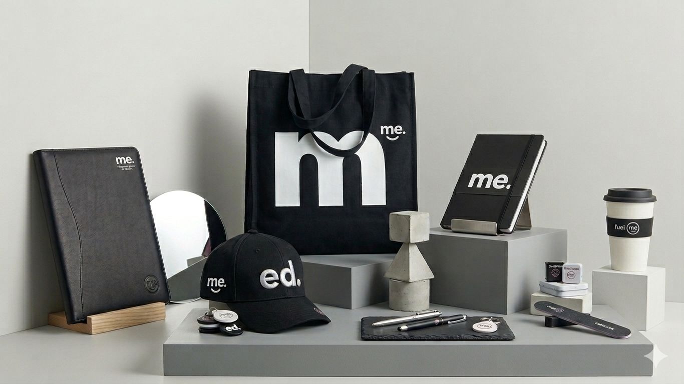 ME Bank branded corporate merchandise — tote bag, cap, notebook, reusable coffee cup by Chilli Promotions