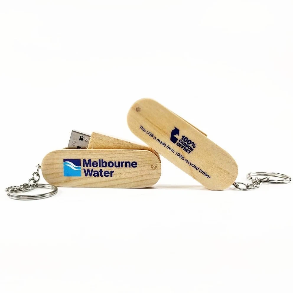 Melbourne Water branded recycled-timber USB drive — 100% carbon-offset bespoke product design by Chilli Promotions