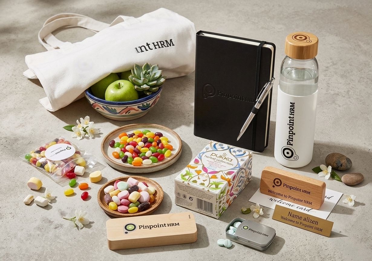 Pinpoint HRM employee welcome kit — branded tote, notebook, drink bottle, jelly beans and welcome card by Chilli Promotions