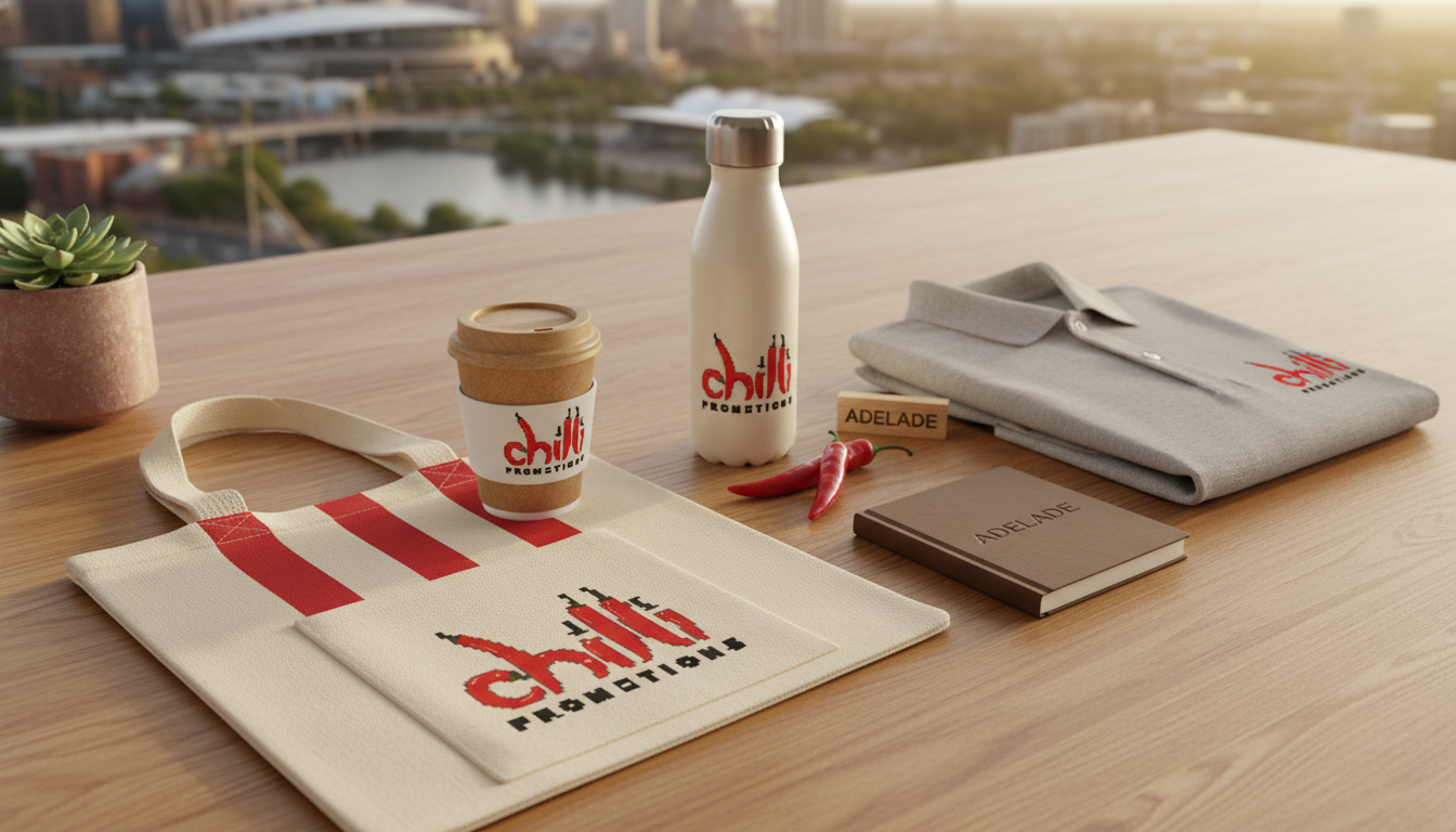 Chilli Promotions branded promotional products for Adelaide — custom-printed reusable bamboo coffee cup, stainless steel drink bottle, branded canvas tote bag, branded polo and notebook arranged on a warm timber surface, with Adelaide landmarks softly visible in the background