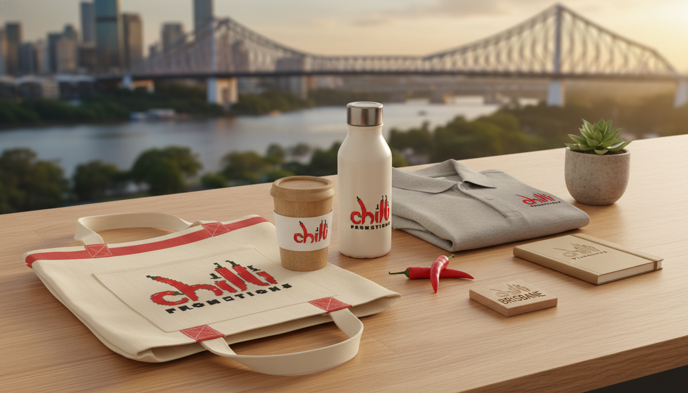 Chilli Promotions branded promotional products for Brisbane — custom-printed reusable bamboo coffee cup, stainless steel drink bottle, branded canvas tote bag, branded polo and notebook arranged on a warm timber surface, with Brisbane landmarks softly visible in the background