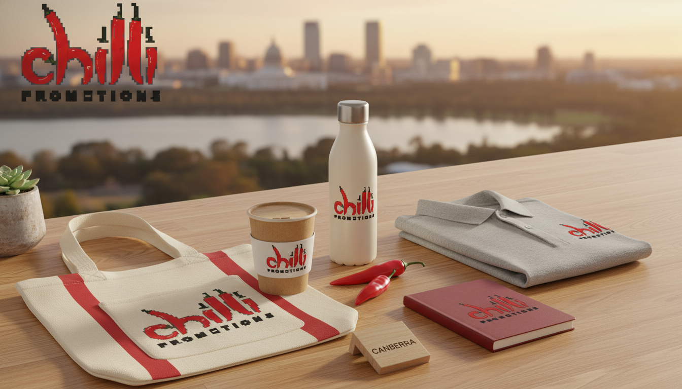 Chilli Promotions branded promotional products for Canberra — custom-printed reusable bamboo coffee cup, stainless steel drink bottle, branded canvas tote bag, branded polo and notebook arranged on a warm timber surface, with Canberra landmarks softly visible in the background