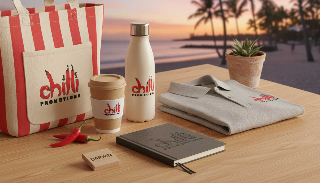 Chilli Promotions branded promotional products for Darwin — custom-printed reusable bamboo coffee cup, stainless steel drink bottle, branded canvas tote bag, branded polo and notebook arranged on a warm timber surface, with Darwin landmarks softly visible in the background