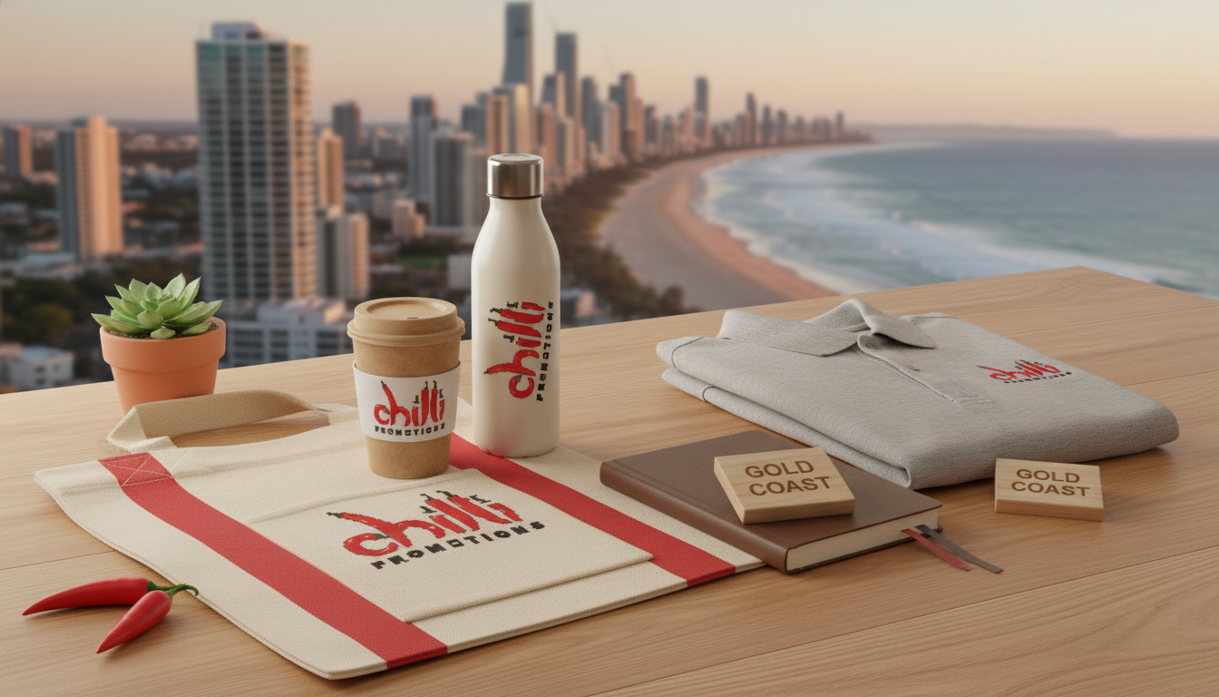 Chilli Promotions branded promotional products for Gold Coast — custom-printed reusable bamboo coffee cup, stainless steel drink bottle, branded canvas tote bag, branded polo and notebook arranged on a warm timber surface, with Gold Coast landmarks softly visible in the background