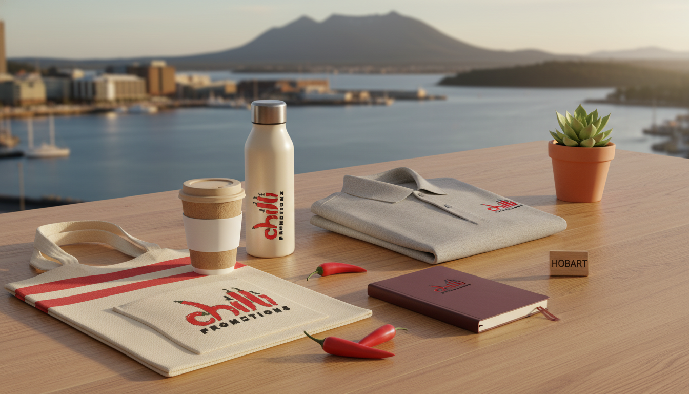 Chilli Promotions branded promotional products for Launceston — custom-printed merchandise on a warm timber surface with Launceston landmarks softly visible in the background
