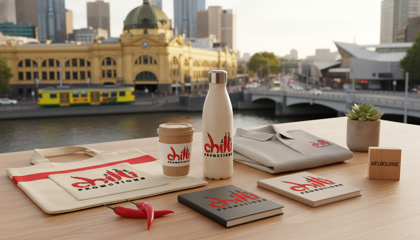 Chilli Promotions branded promotional products for Geelong — custom-printed merchandise on a warm timber surface with Geelong landmarks softly visible in the background