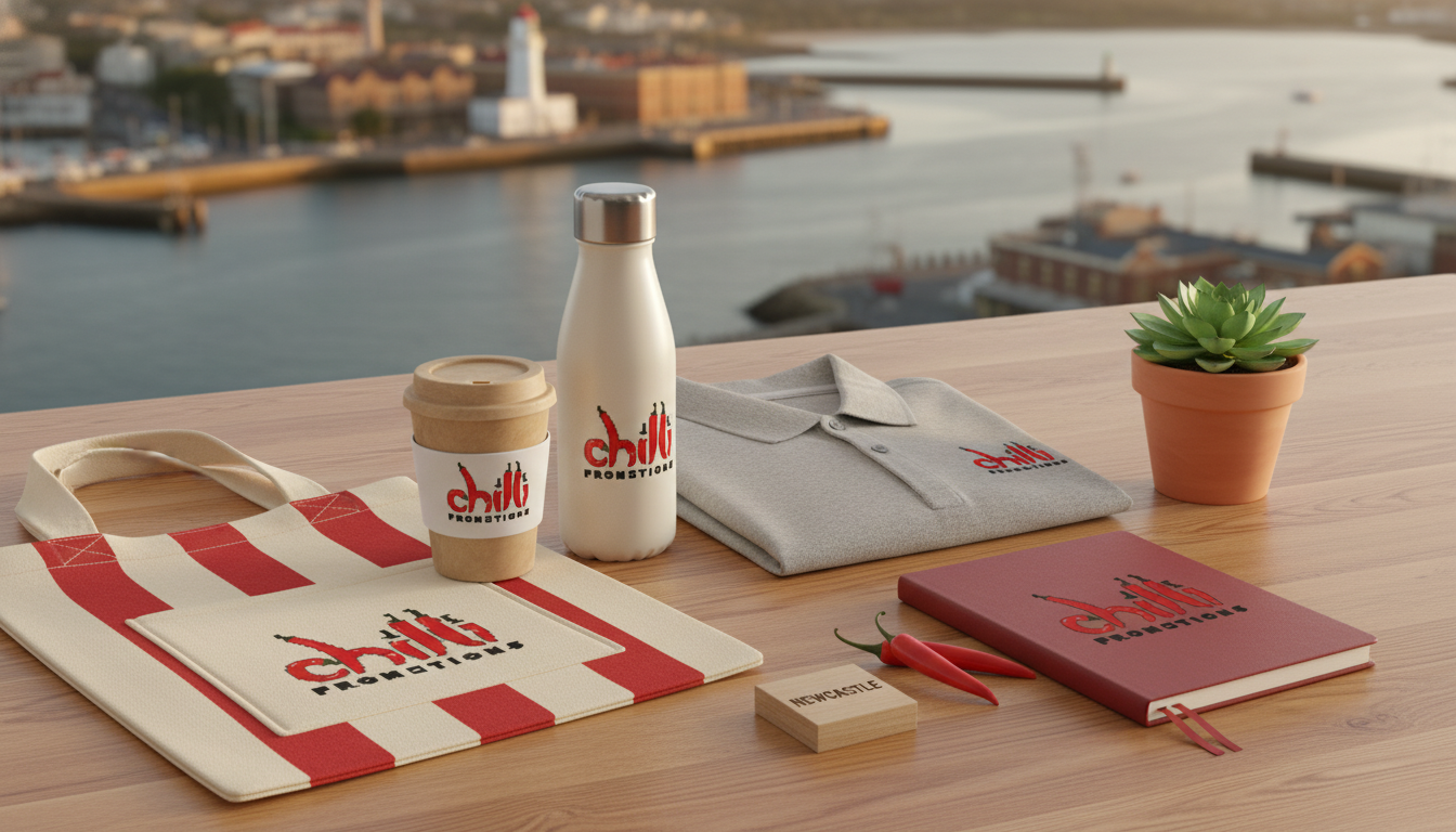 Chilli Promotions branded promotional products for Newcastle — custom-printed reusable bamboo coffee cup, stainless steel drink bottle, branded canvas tote bag, branded polo and notebook arranged on a warm timber surface, with Newcastle landmarks softly visible in the background