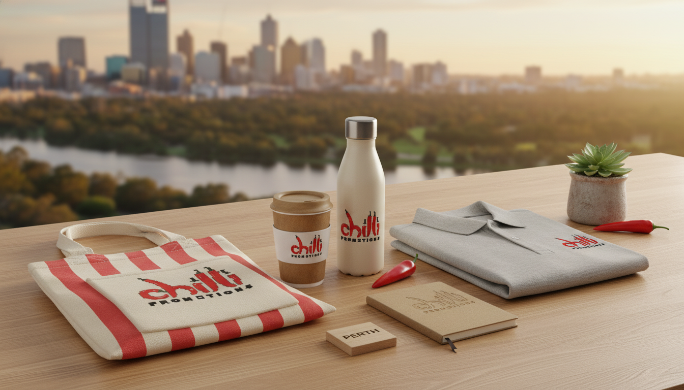 Chilli Promotions branded promotional products for Perth — custom-printed reusable bamboo coffee cup, stainless steel drink bottle, branded canvas tote bag, branded polo and notebook arranged on a warm timber surface, with Perth landmarks softly visible in the background