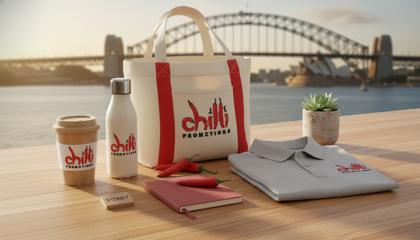 Chilli Promotions branded promotional products for Albury — custom-printed merchandise on a warm timber surface with Albury landmarks softly visible in the background